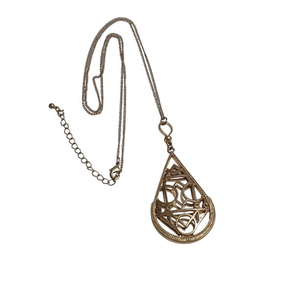 Gold Tone Teardrop Pendant Necklace Filigree Chain Adjustable Lobster Clasp Uniq - Picture 2 of 4